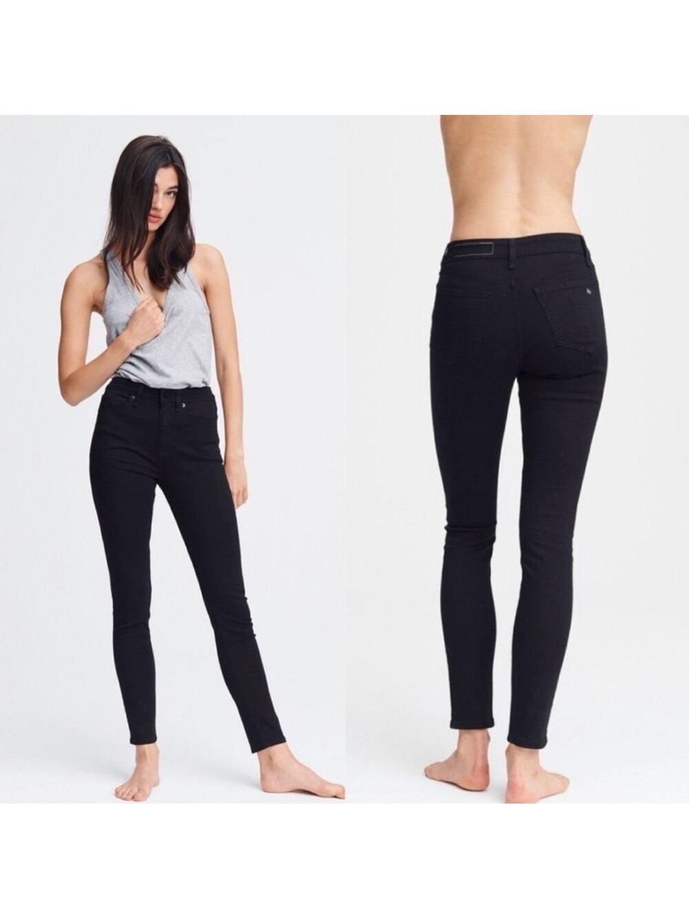 Rag & Bone High Rise Ankle Skinny Jeans Cropped Stretch Pockets Zip Black Sz 27